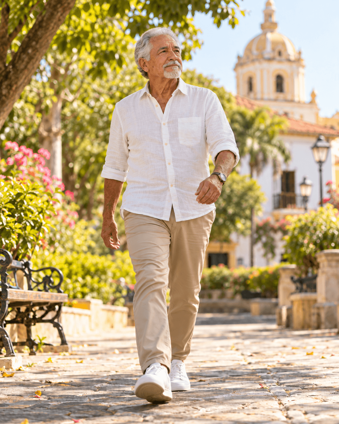 Hombre mayor caminando por una plaza colonial soleada